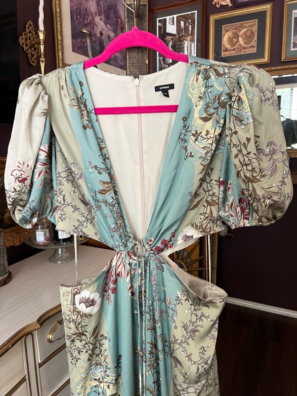 Express Satin Floral V-Neck Puff Sleeve Tie Front Cutout Maxi Dress Large - Picture 4 of 11